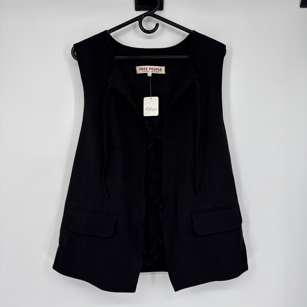 Free People‎ FP Celia's Suit Vest Womens Black Tie Front Sleeveless Vest XL Boho